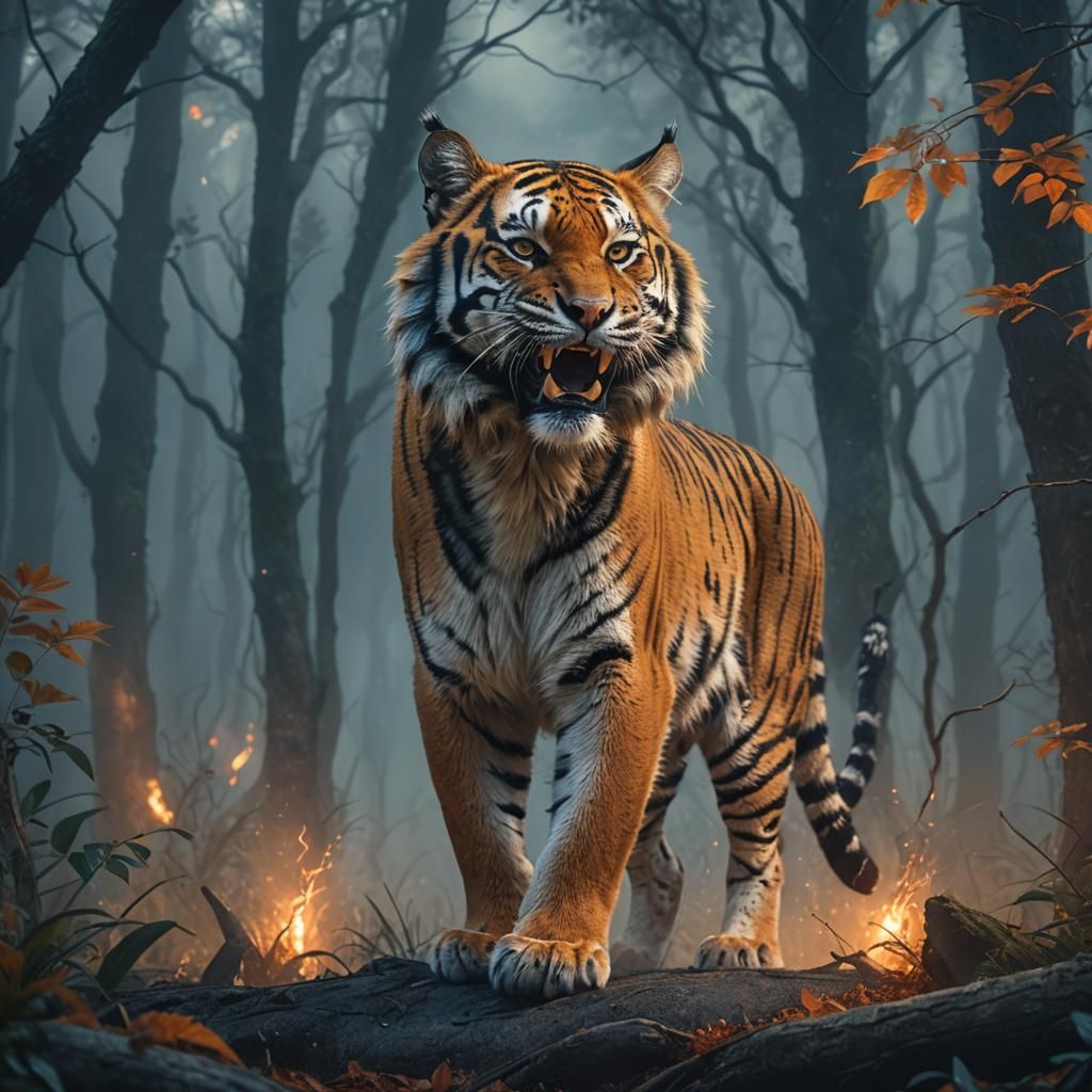 Roaring Bobcat in Misty Mystical Forest