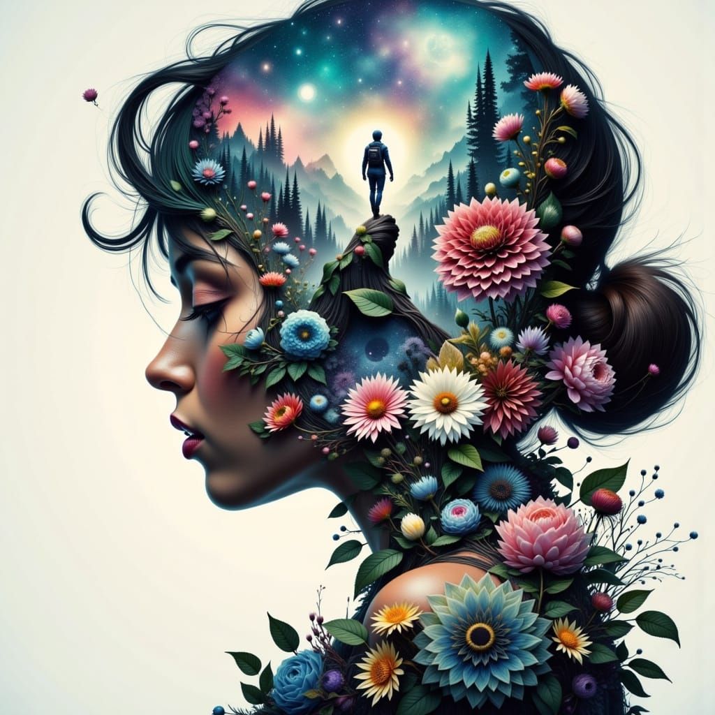 Persistence <lora:Dreamweave Flux:1.0> <lora:LeafyCreatures:1.0> Journey Collage Adventure Dreams Double exposure