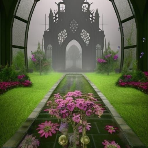 Ethereal gothic Garden with Natural oasis in the middle& gothic vibes& ethereal vibes& dark fantasy vibes& fantasy vibes...