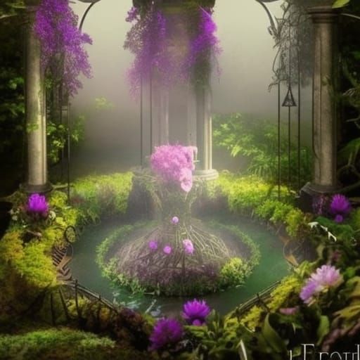 Ethereal gothic Garden with Natural oasis in the middle& gothic vibes& ethereal vibes& dark fantasy vibes& fantasy vibes...