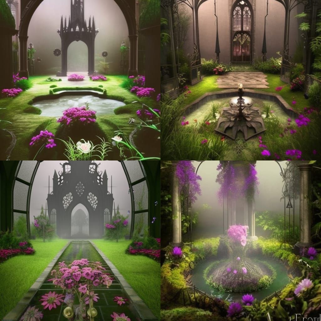 Ethereal gothic Garden with Natural oasis in the middle& gothic vibes& ethereal vibes& dark fantasy vibes& fantasy vibes...