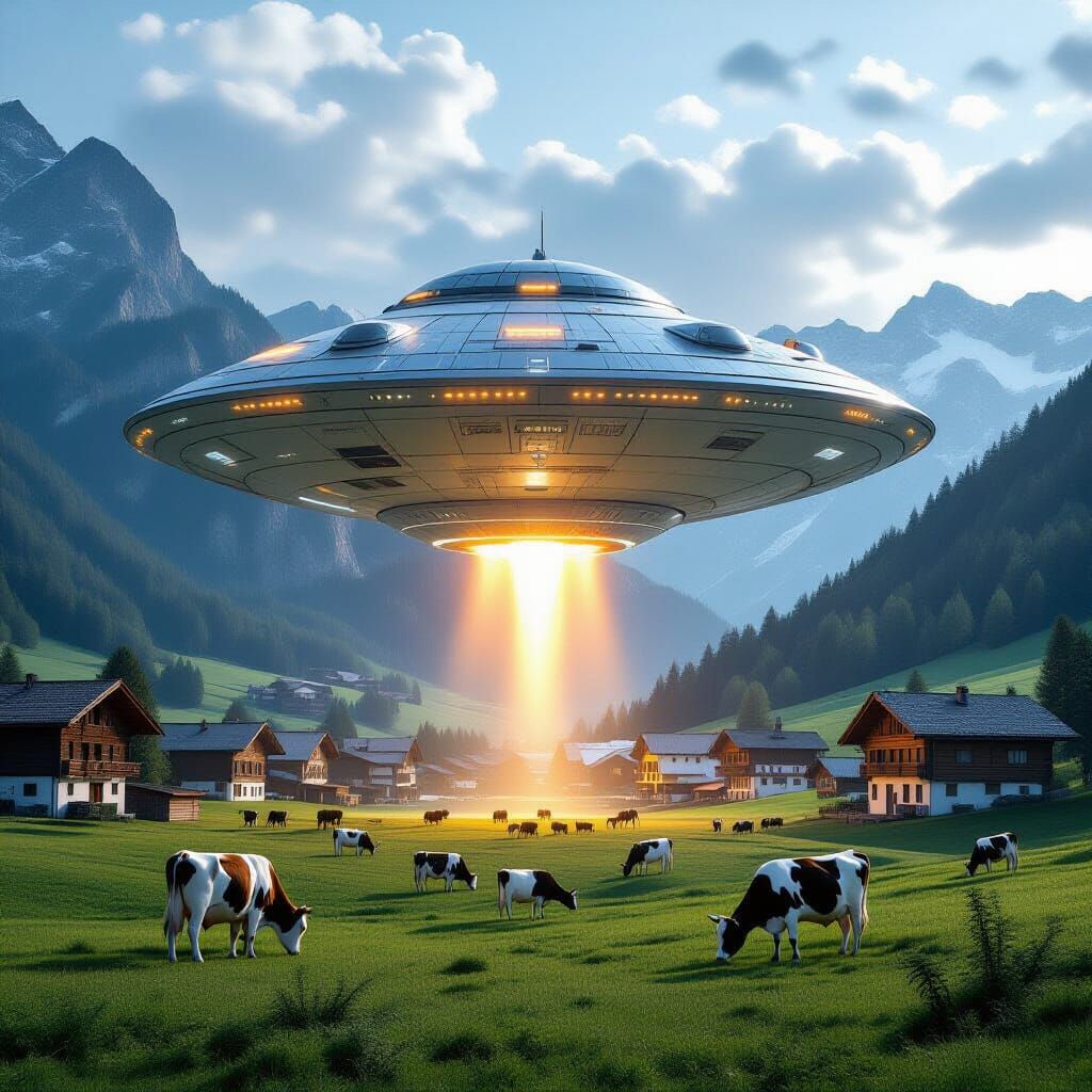 Futuristic Spaceship Lands in Alpine Village