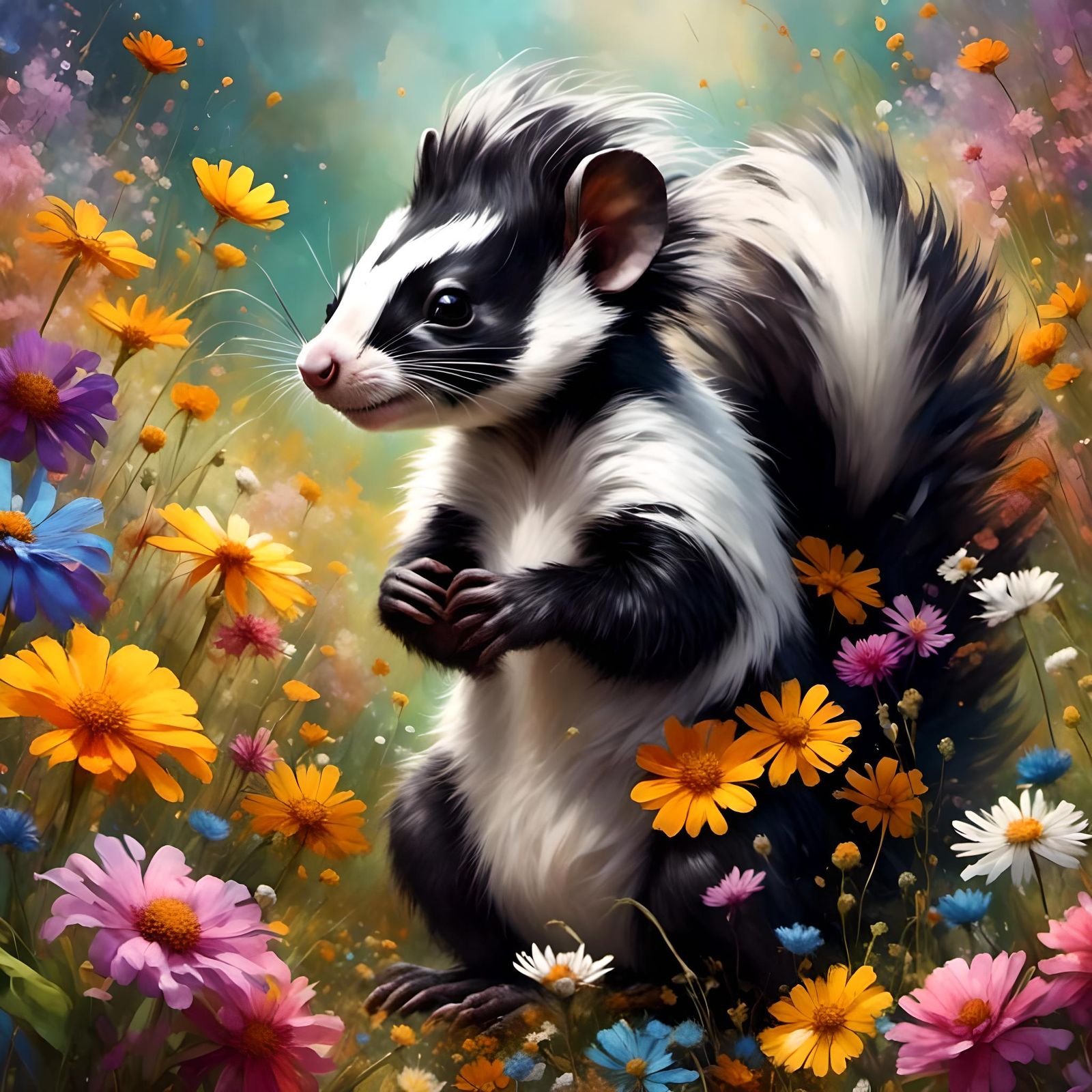 Happy Skunk Portrait with Flowers in Impasto Style