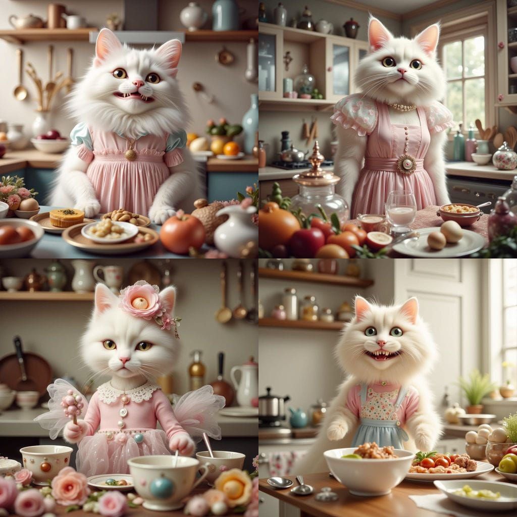 Fluffy White Cat Cooking a Meal: Dreamy Realism
