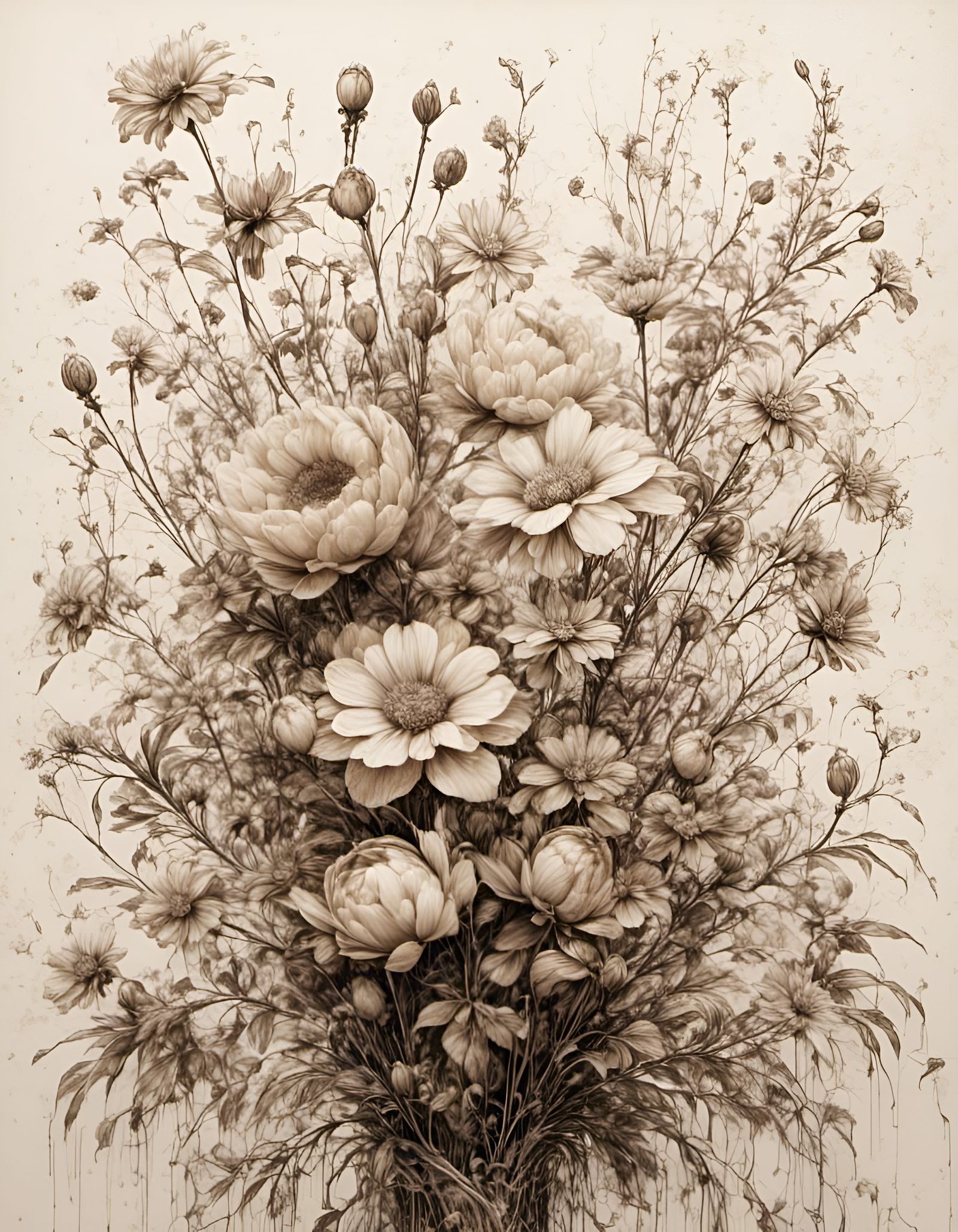 Antique Floral Drawing with Splatter Graffiti