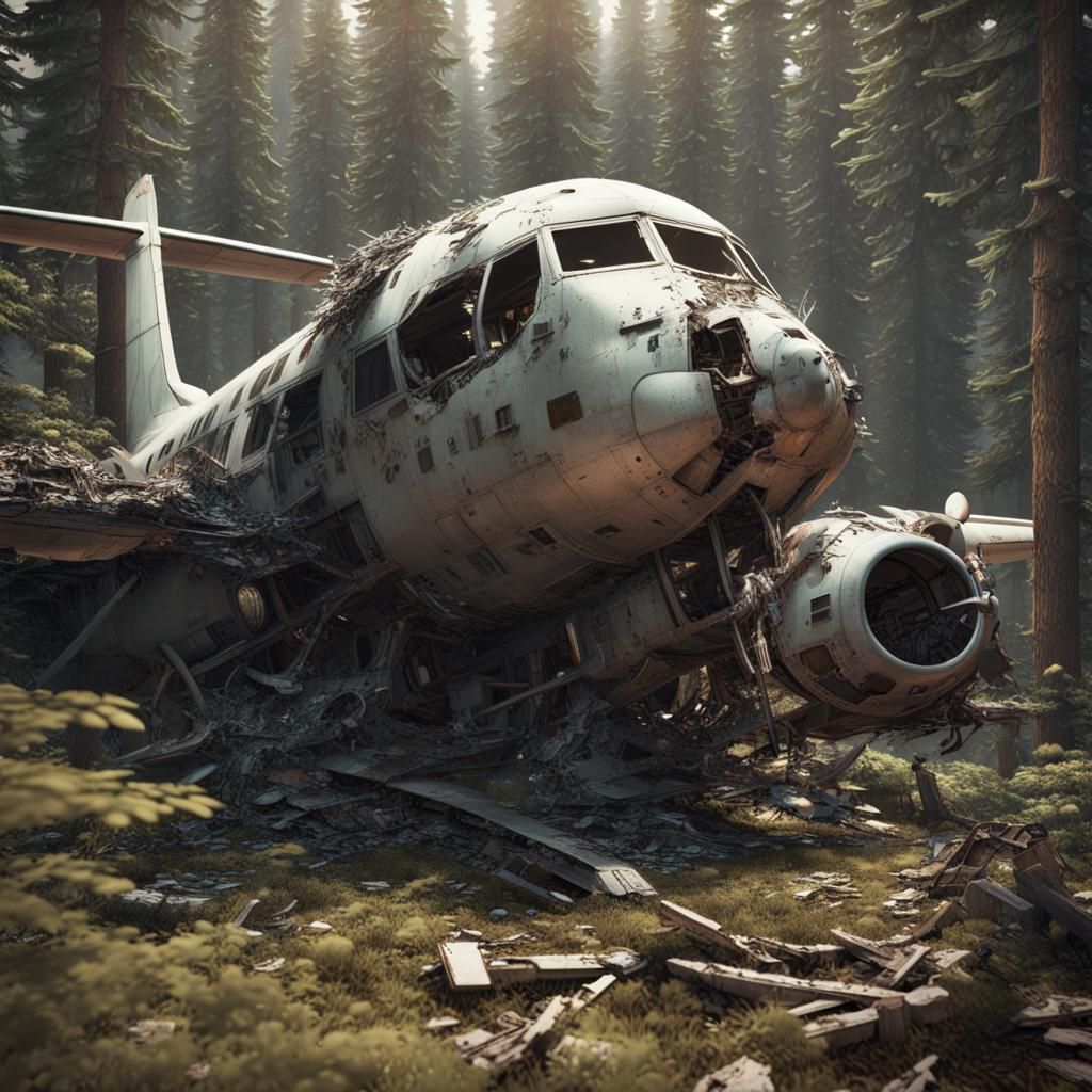 Crashed Plane Reclaimed by Nature in Sci-Fi Style