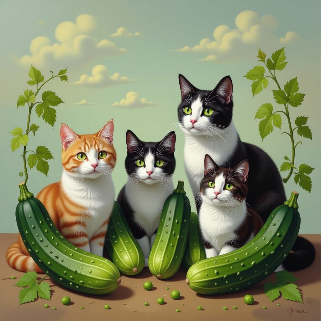 Whimsical Cats Amidst Lush Cucumbers in Dreamlike Surrealist...