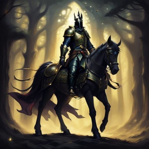 Knight on Horseback in Forest, Fantasy Illustration