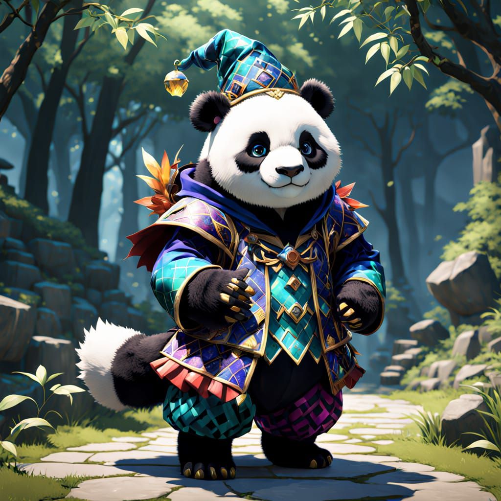 Stunning 8K Anime Panda Jester in Vibrant Diamond Patterns