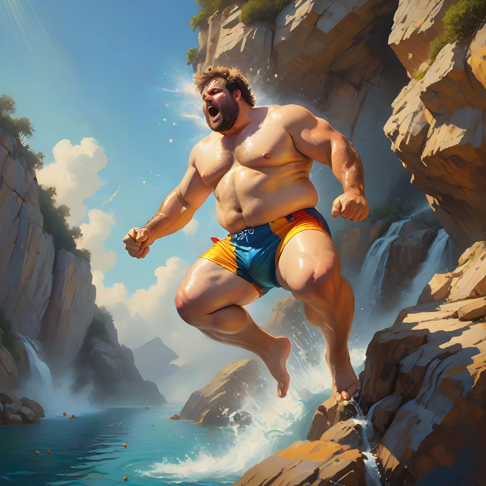Heroic Chubby Man Diving From Cliff