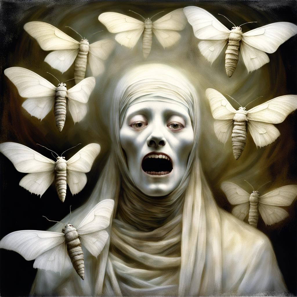 Eerie Moths Escape Mummified Woman: Haunting Close-Up