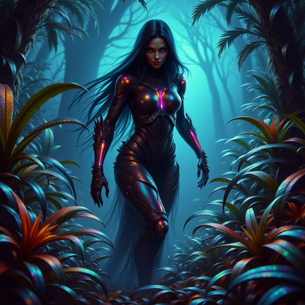 Female Hunter in Bioluminescent Alien Jungle