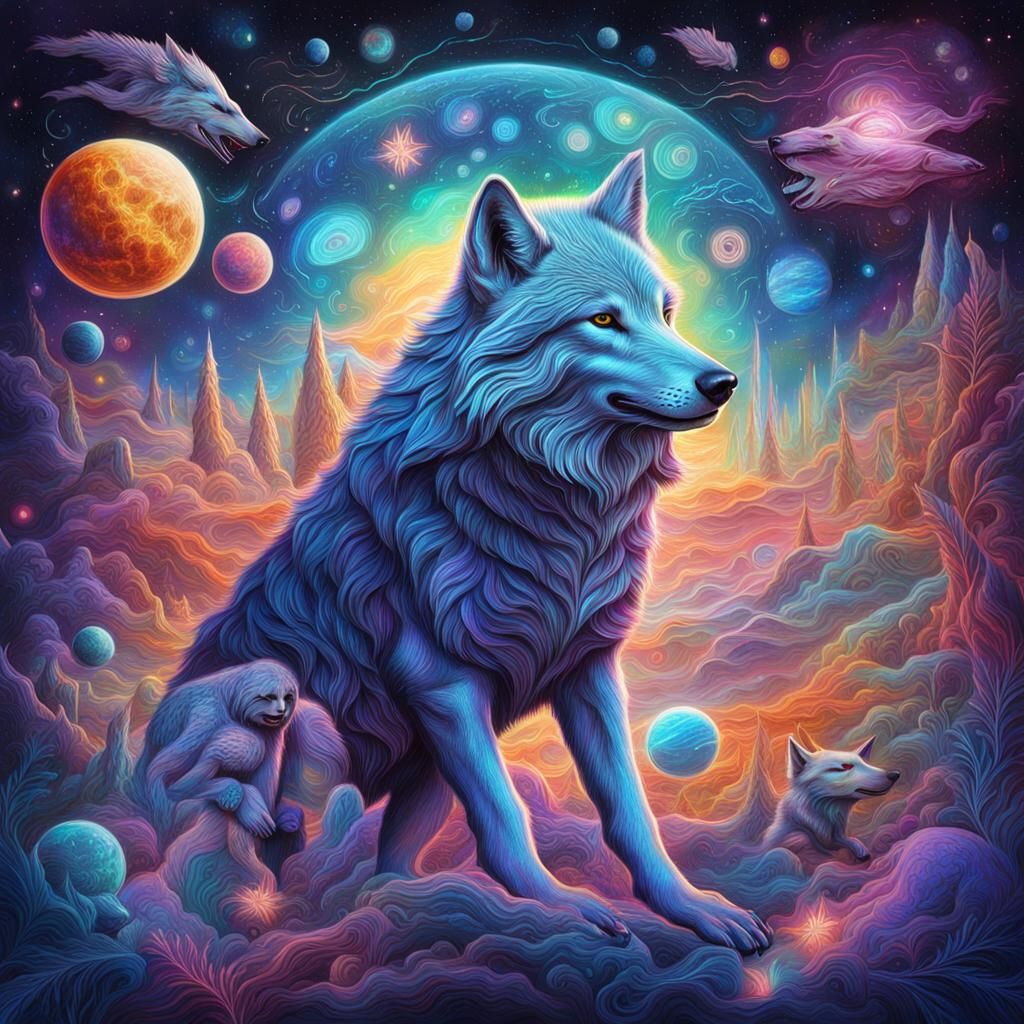 Wolves at Play: Holographic Astral Illustration