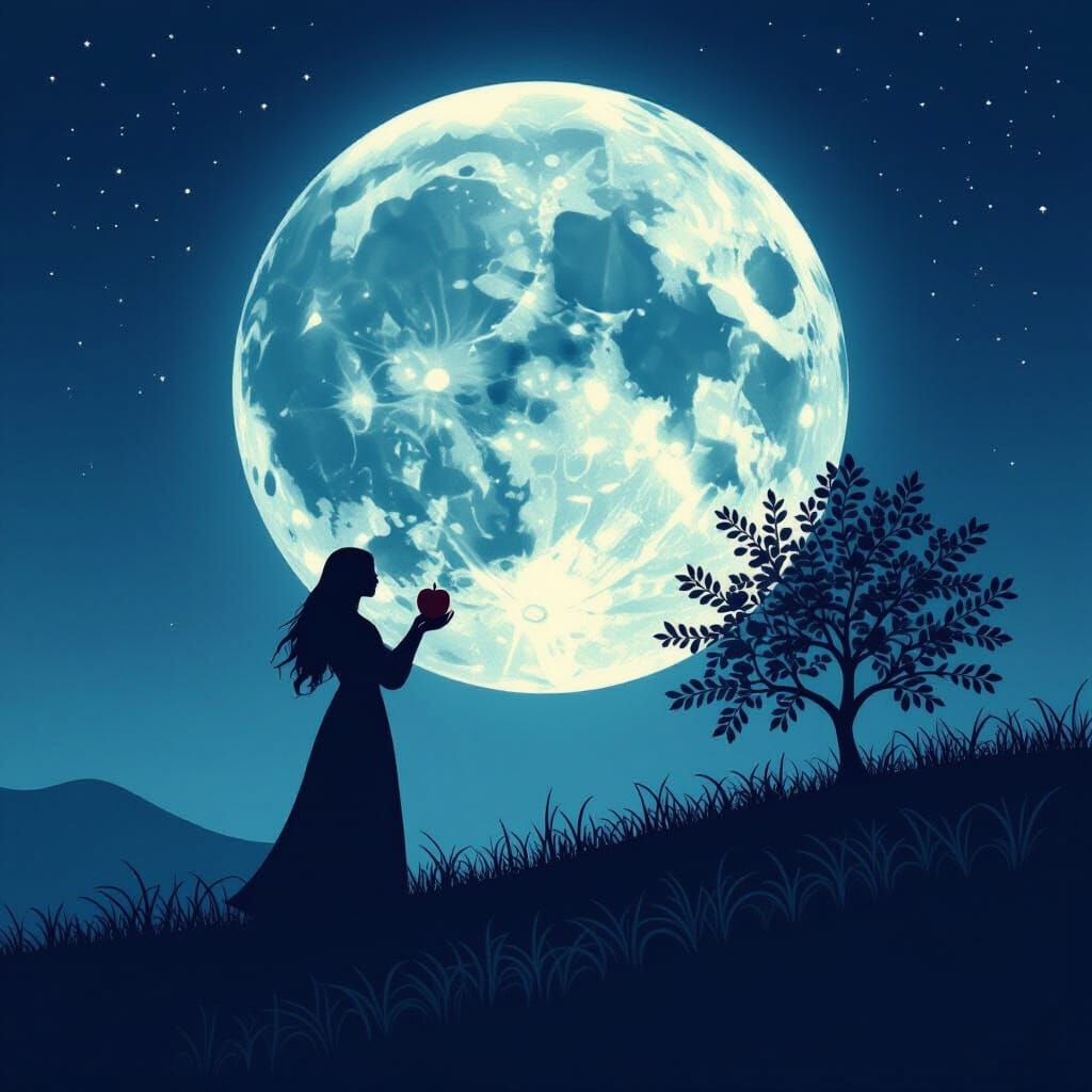 Abstract Vector Fractal of Apple Picking Under Full Moon