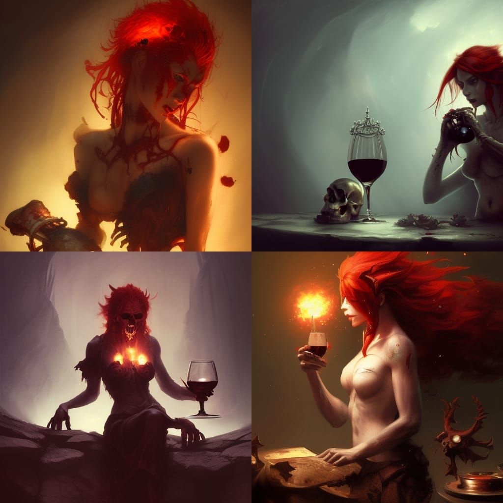 Redhead Demon's Macabre Toast in Dark Fantasy Art