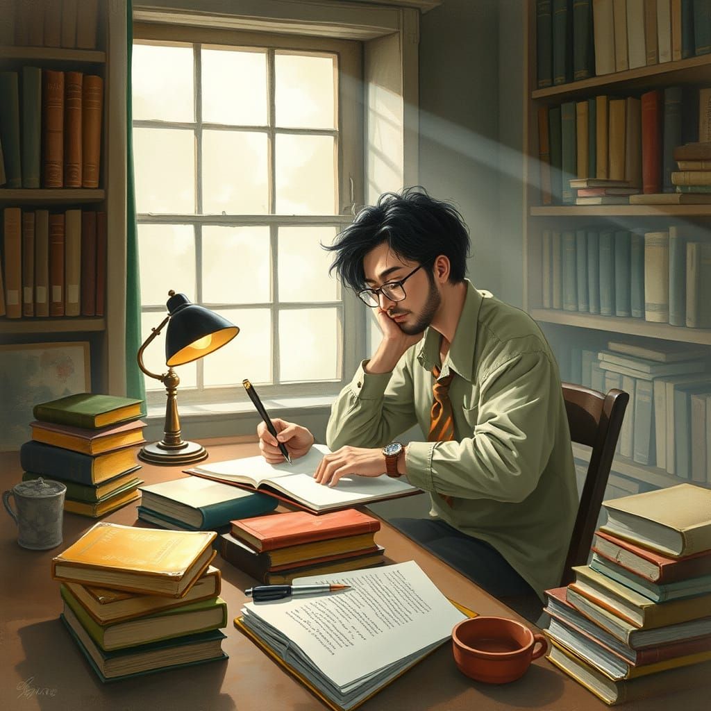 Writer Inspired by Ancient Poets, Watercolor Style