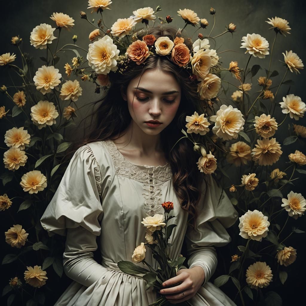 Dramatic Portrait with Flowers in Hyperrealistic Style
