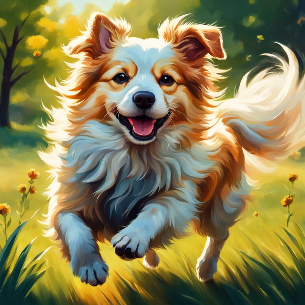 Vibrant Oil Painting of a Happy Dog in a Field