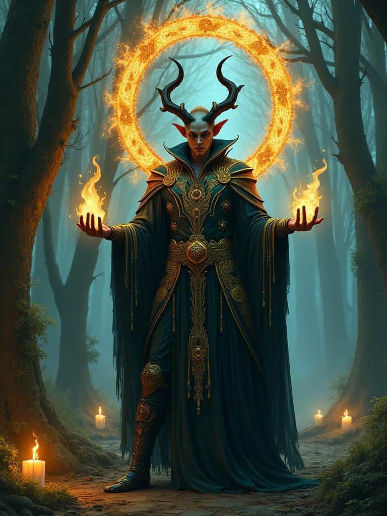 Tiefling Warlock Conjuring Portal in Art Nouveau Style