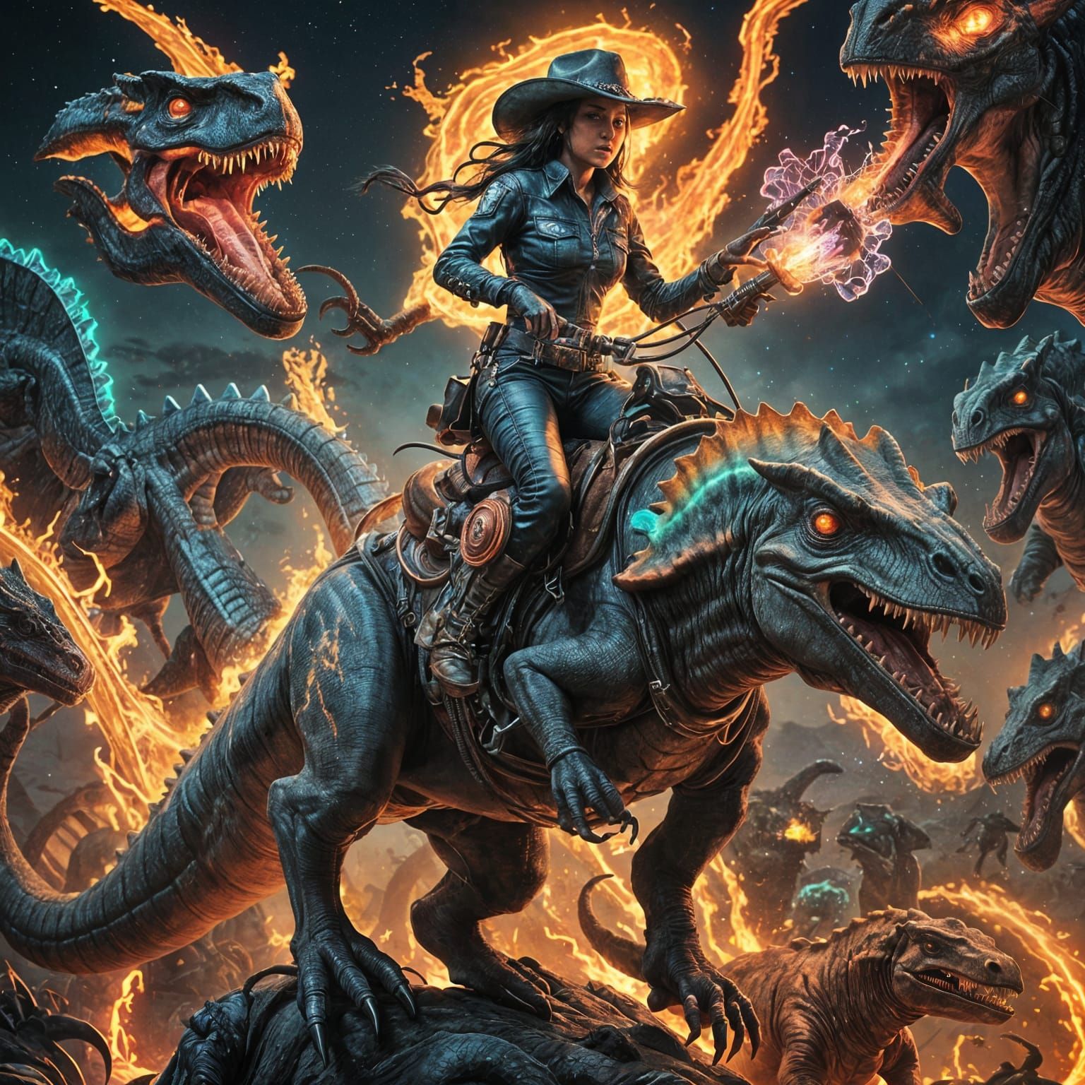 Neon Alien Cowgirl Rides a Dinosaur