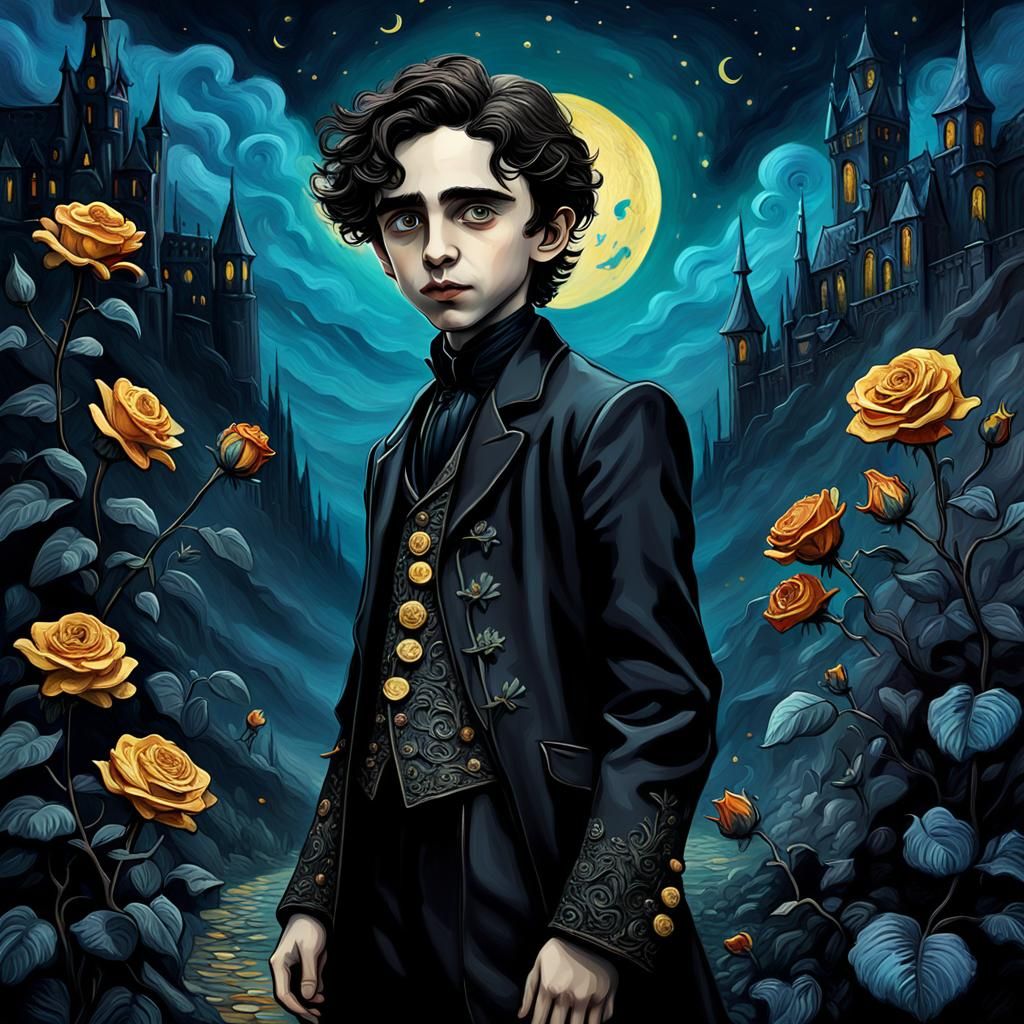 Gothic Prince on Black Rose Impasto Painting
