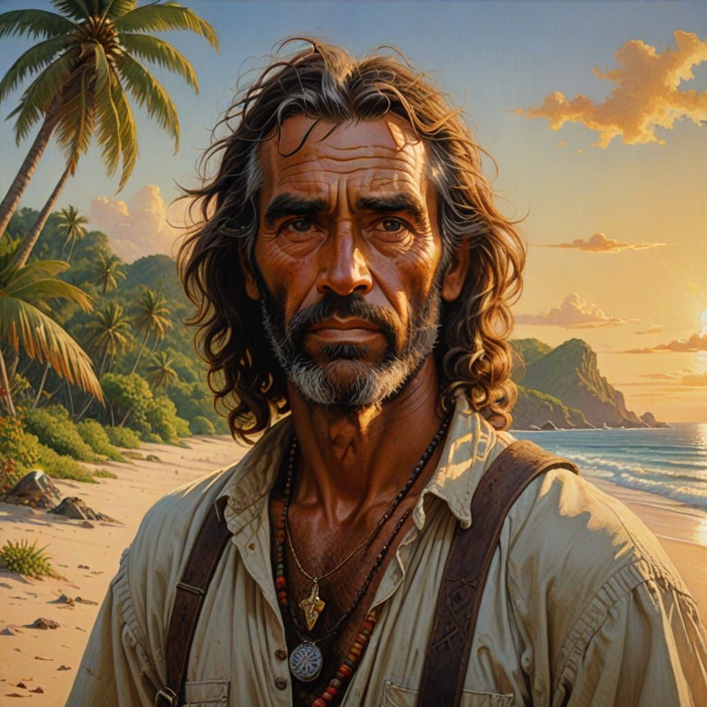 Realistic Portrait of Robinson Crusoe in Tropical Paradise