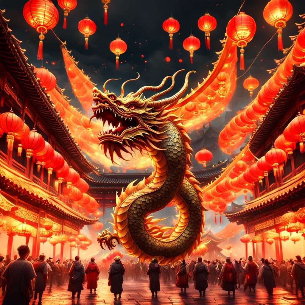 Mystical Golden Dragon Over Pagoda in Watercolor Style