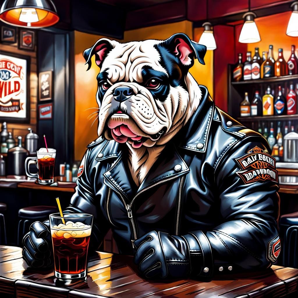 Cartoon Bulldog Biker in Pen and Ink Style