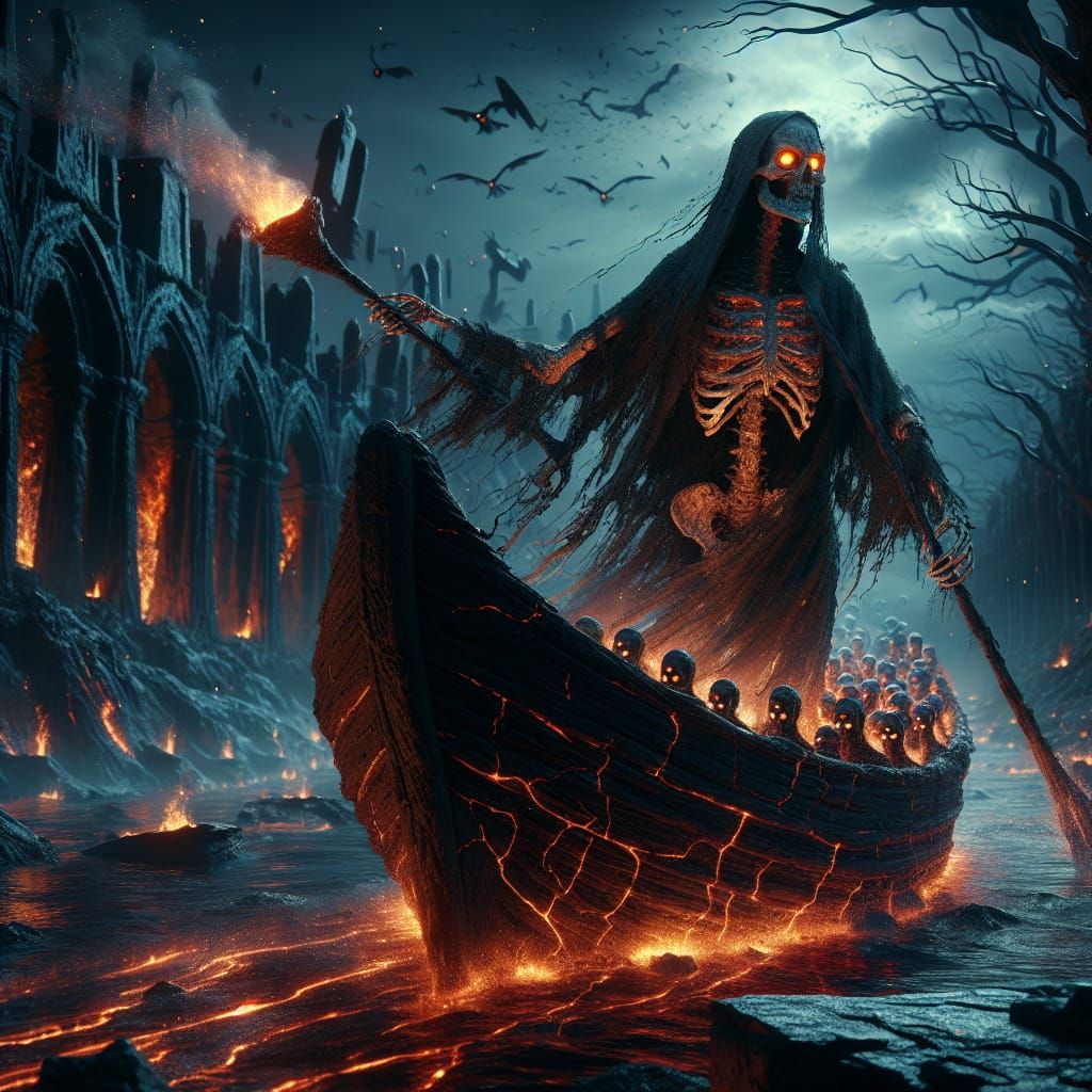 On the River Styx :Charon, the Ferryman with lost souls