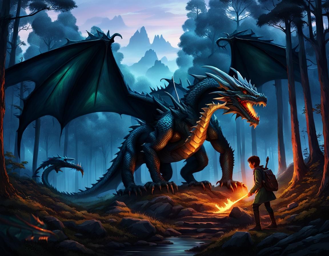 Dragon Protecting Human in Forest at Dusk