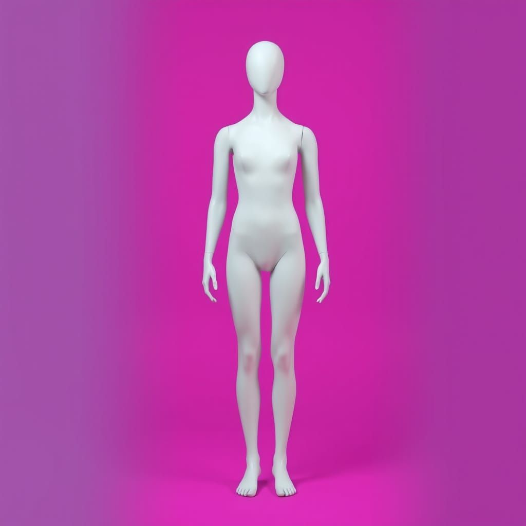 Smooth, Featureless Androgynous Mannequin in Neon Magenta St...