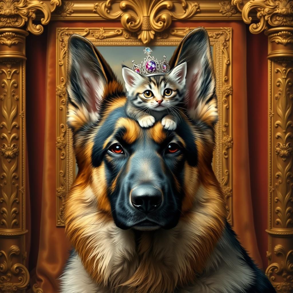 Regal German Shepherd and Crowned Kitten Portrait