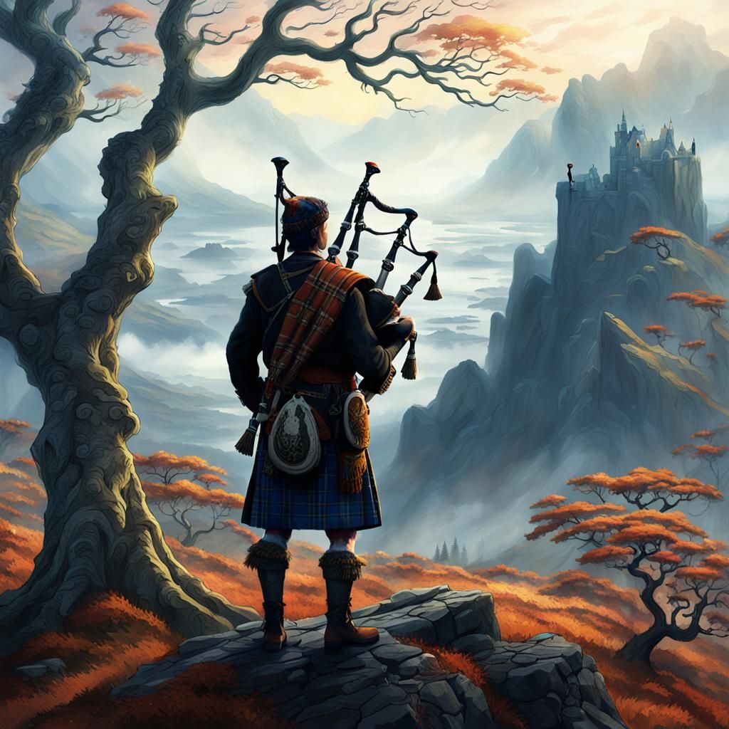 Scottish Highlands Piper in a Mystic Landscape
