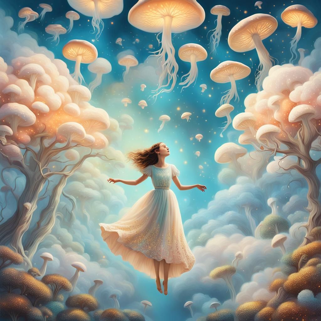Dreamy Surreal Scene with Mushroom Trees