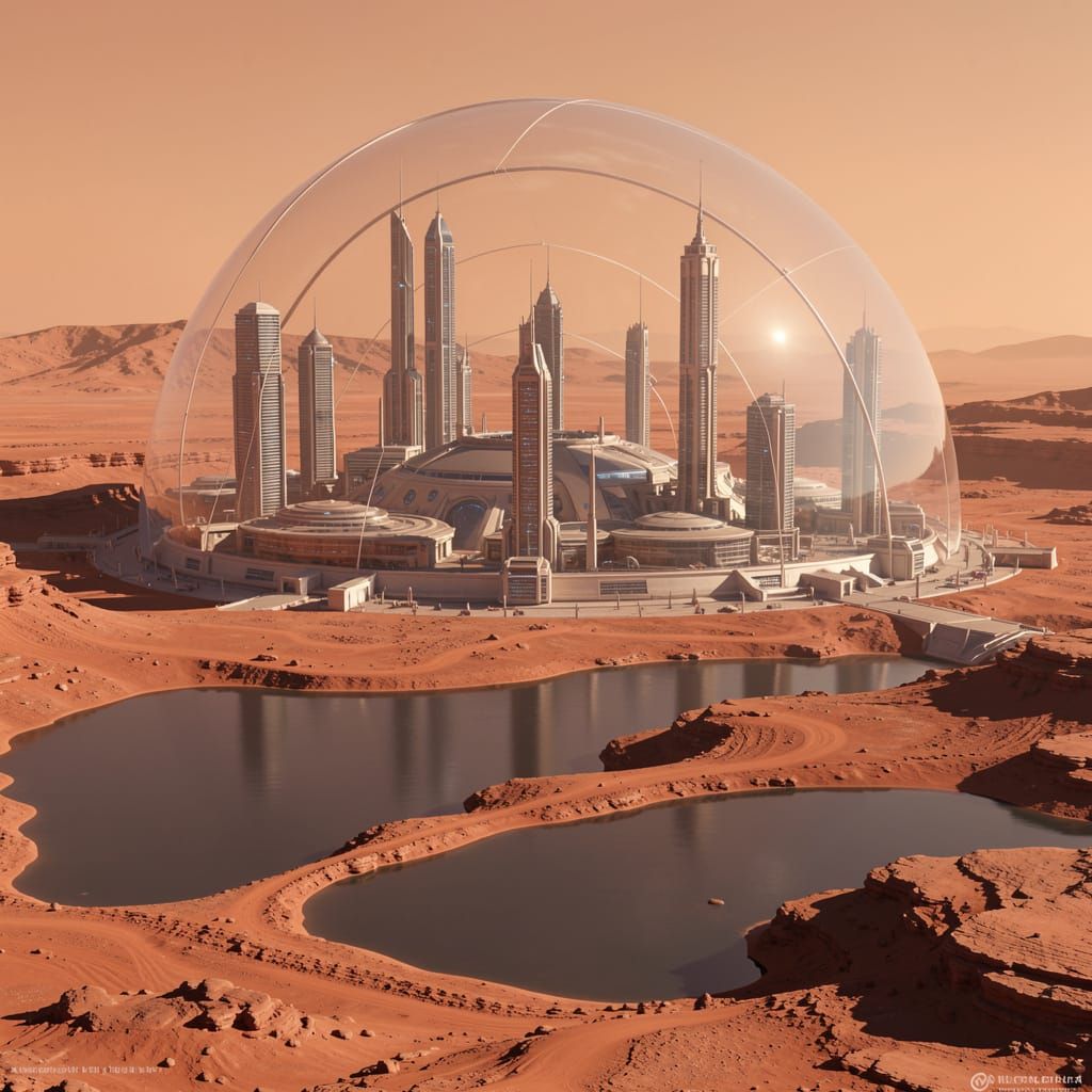 Sci-Fi Domed City on Terraformed Mars by a Lake