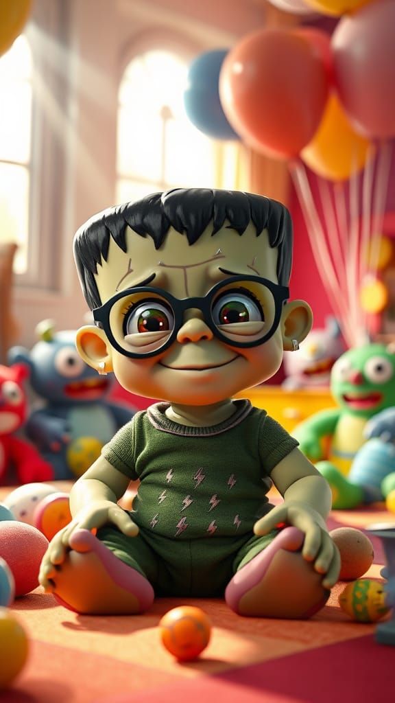 Cute Baby Frankenstein in Playroom, 3D Digital Art
