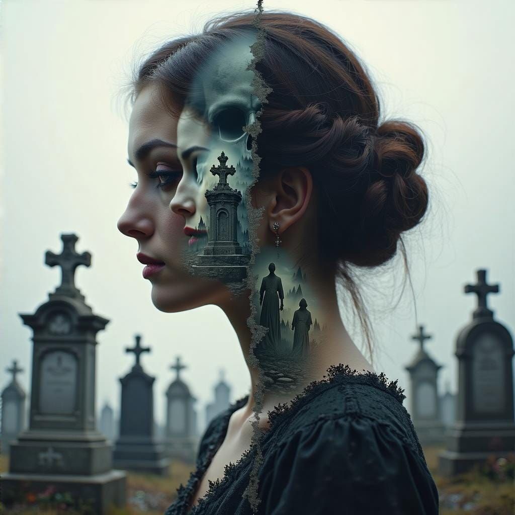 Eerie Duotone Portrait with Gravestones and Ghosts