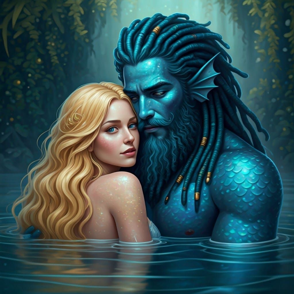 Surreal Goddess Meets Oceanic King in Ethereal Bath Scene