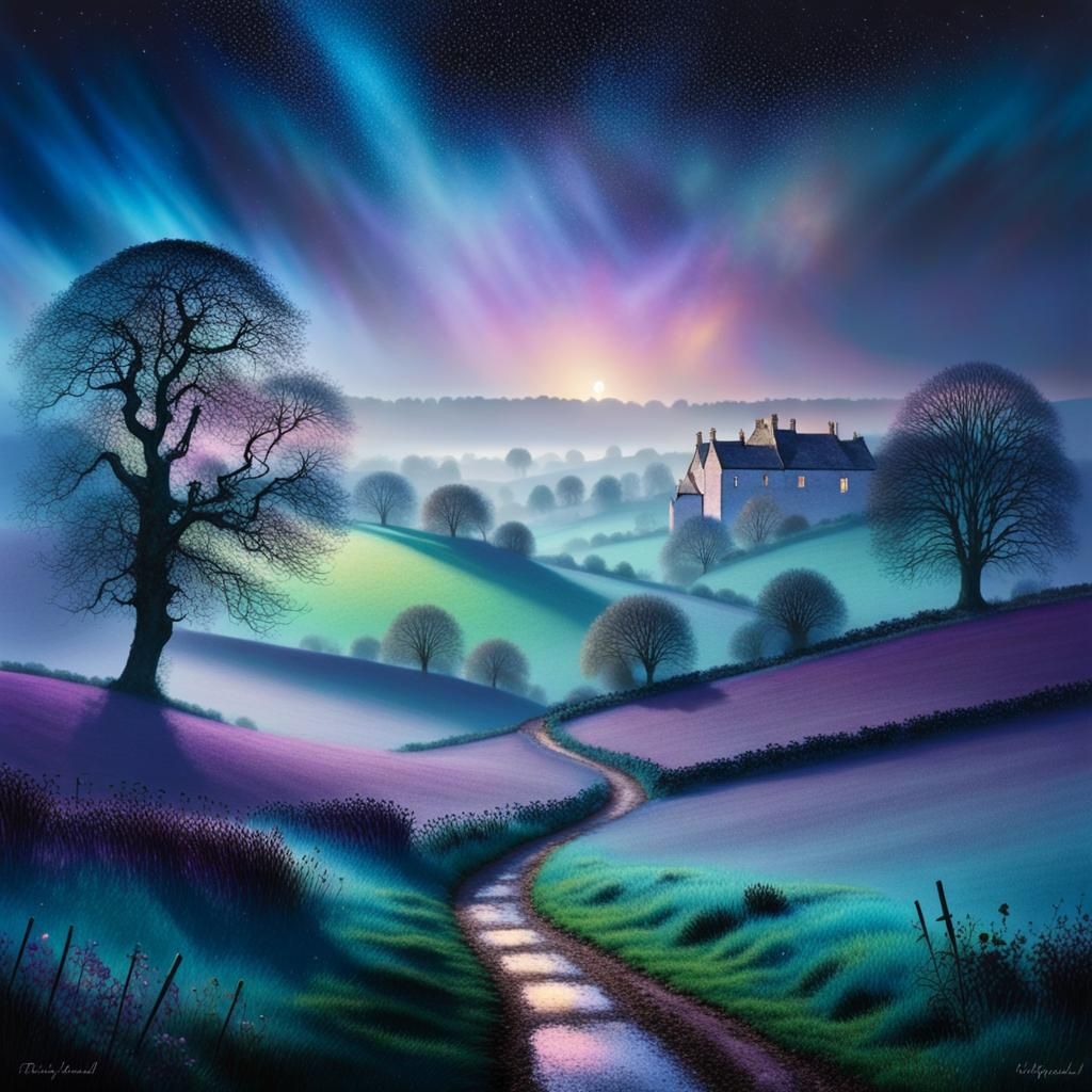 Iridescent Cotswold Landscape at Midnight