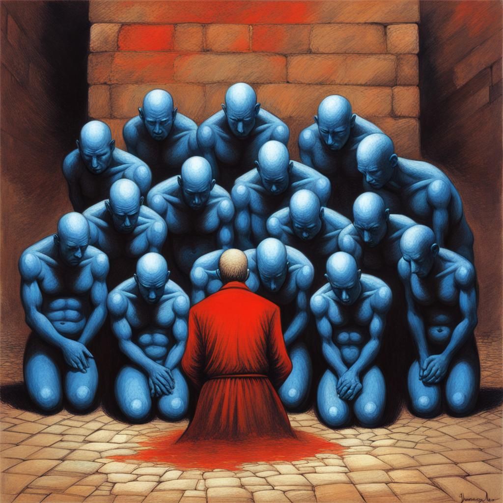 Blue Men Kneeling Before Red God in Surreal Style