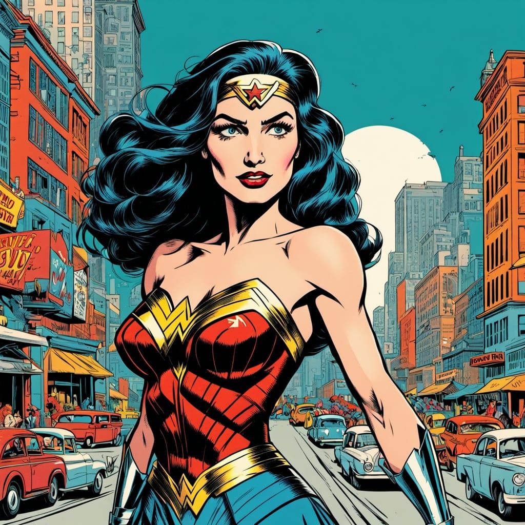 Wonder Woman Shopping Spree in Retro Comic Art Style