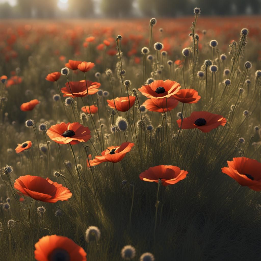 Poppy Field with Cornflowers in 3D Rendering