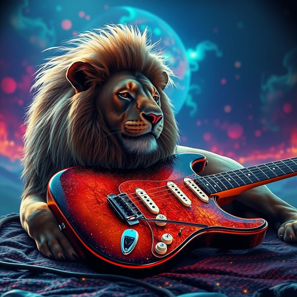 Majestic Lion Rests Beside a Glittering Frankenstein Stratoc...