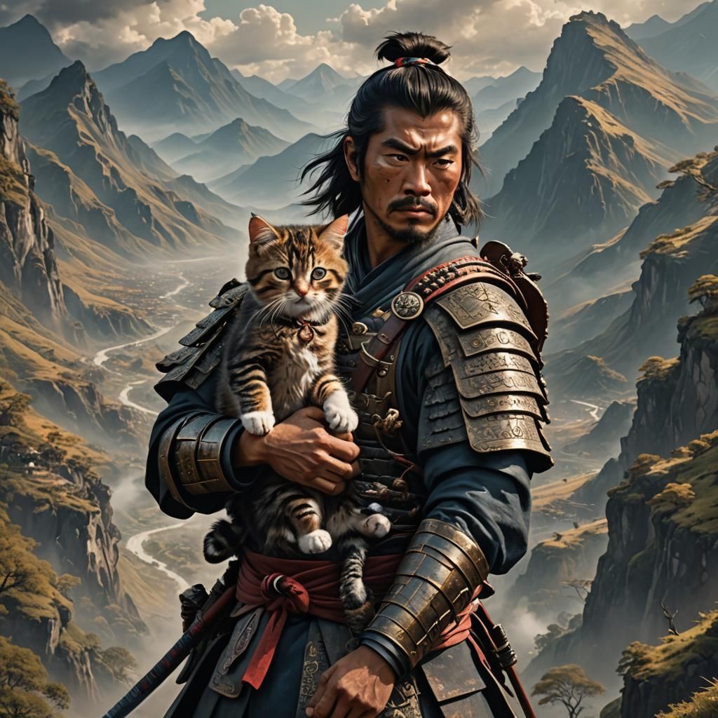 Samurai Warrior and Kitten in Digital Matte Painting