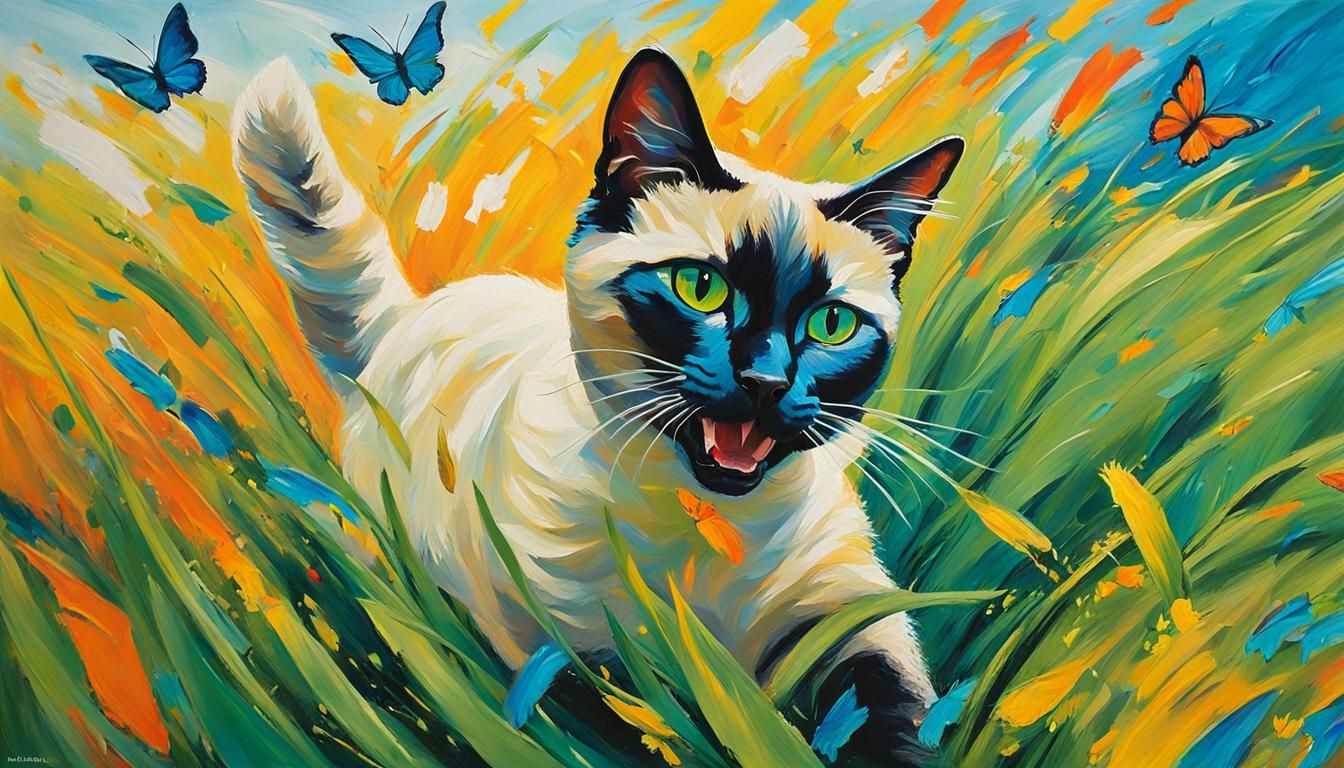 Siamese Cat Pounce: Expressionist Impasto Painting
