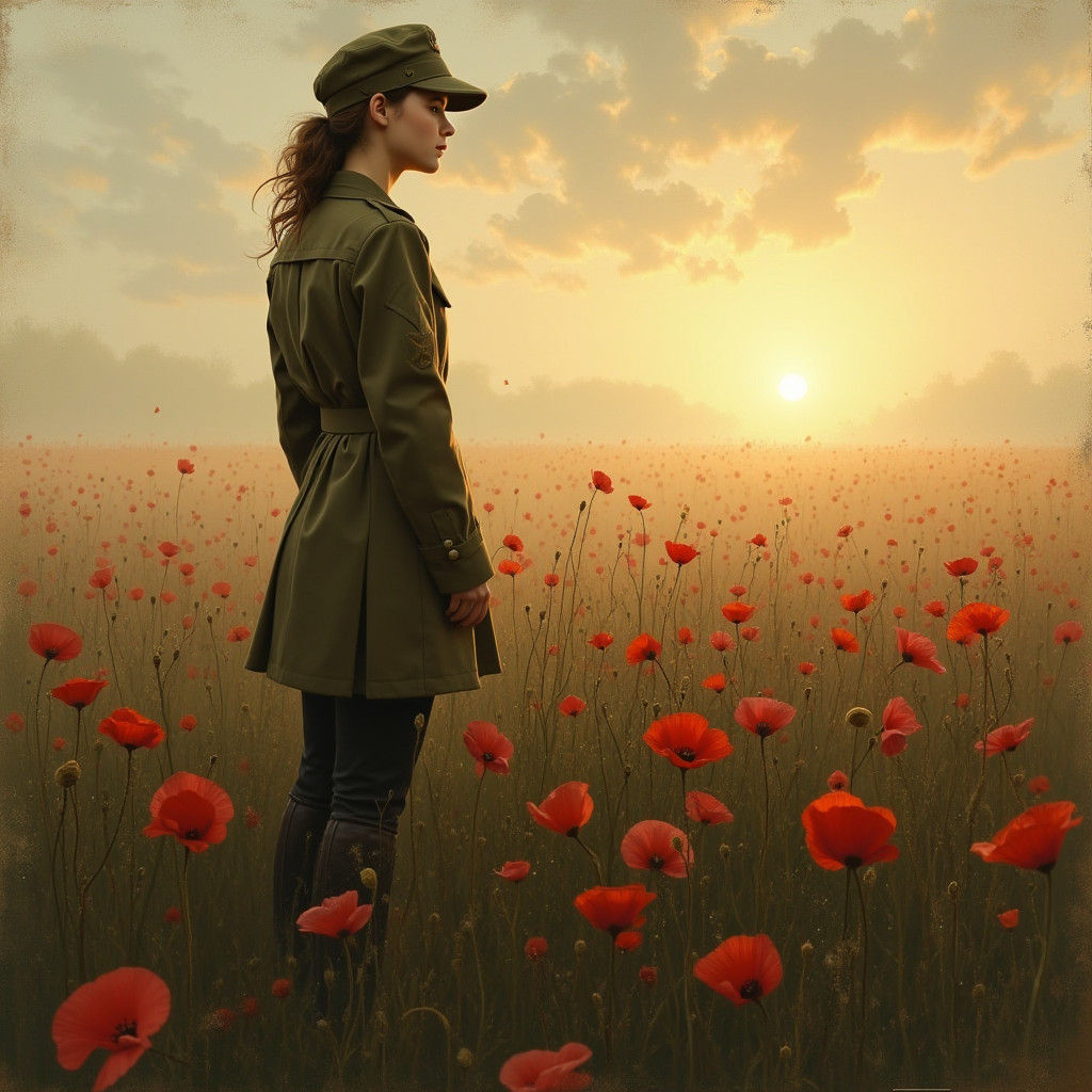 Solemn Woman in Poppy Field at Dawn