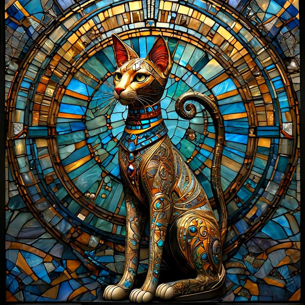 Stained Glass Bastet Mosaic: Baroque Sci-Fi Goddess