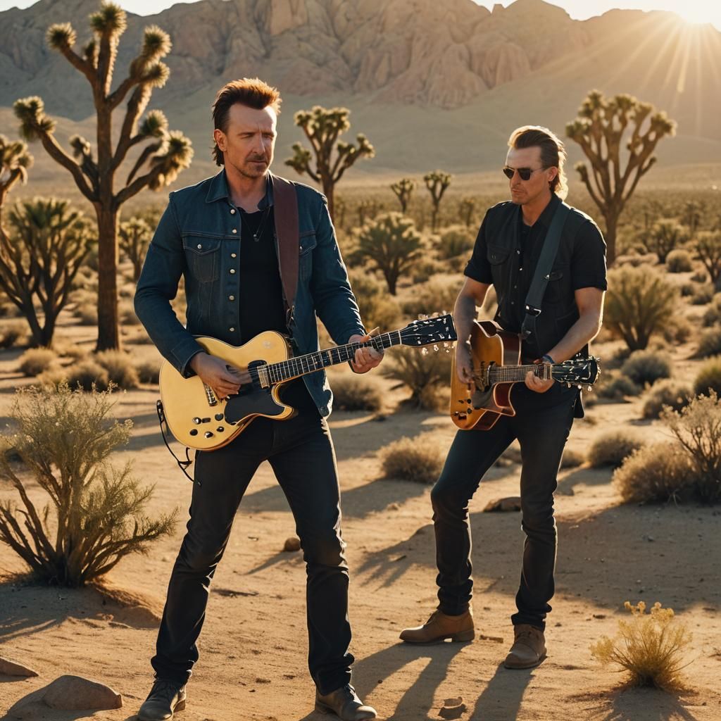 U2 Under Golden Desert Skies in Cinematic Hyper-Realism