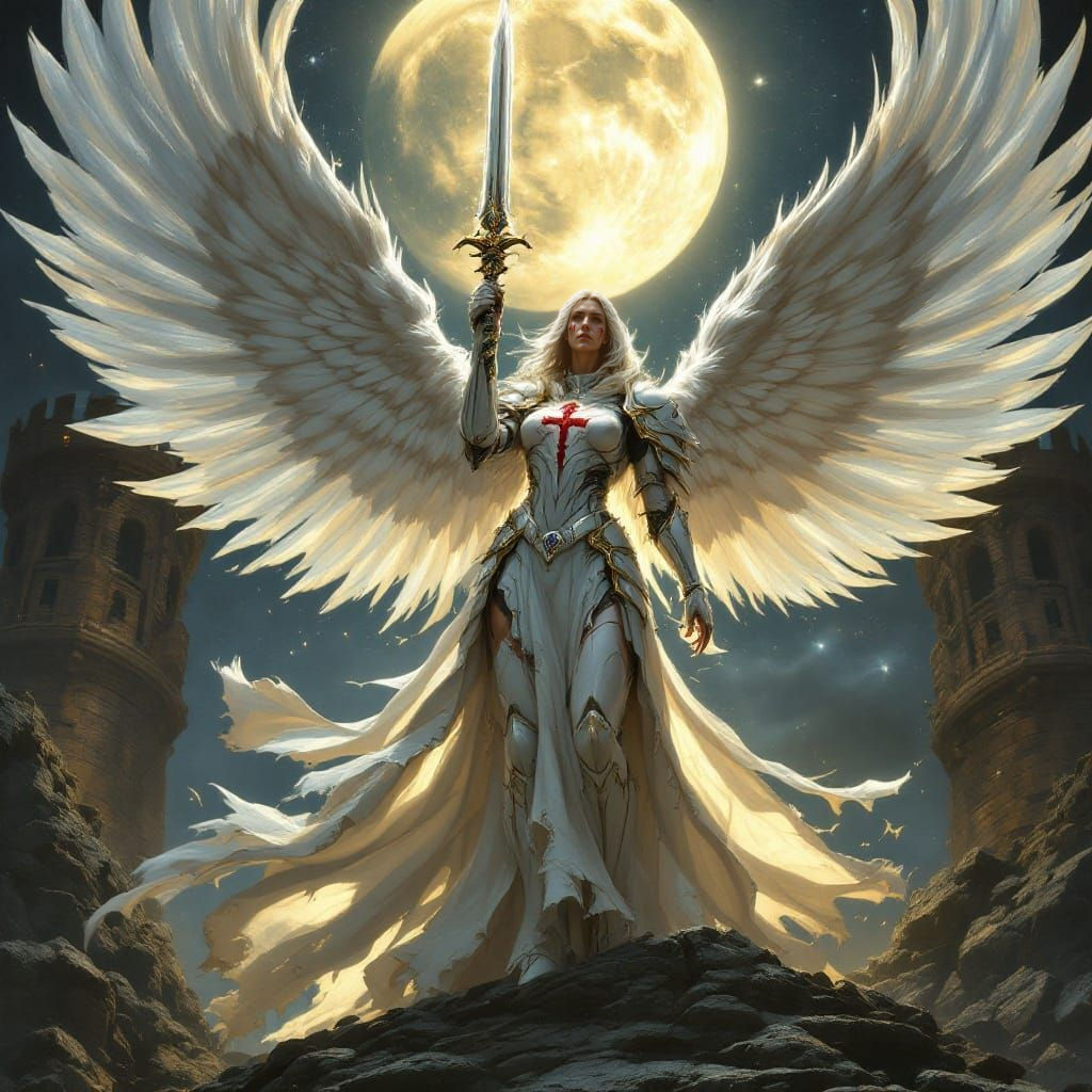 Ethereal Templar Knight Soars Amidst a Moonlit Castle