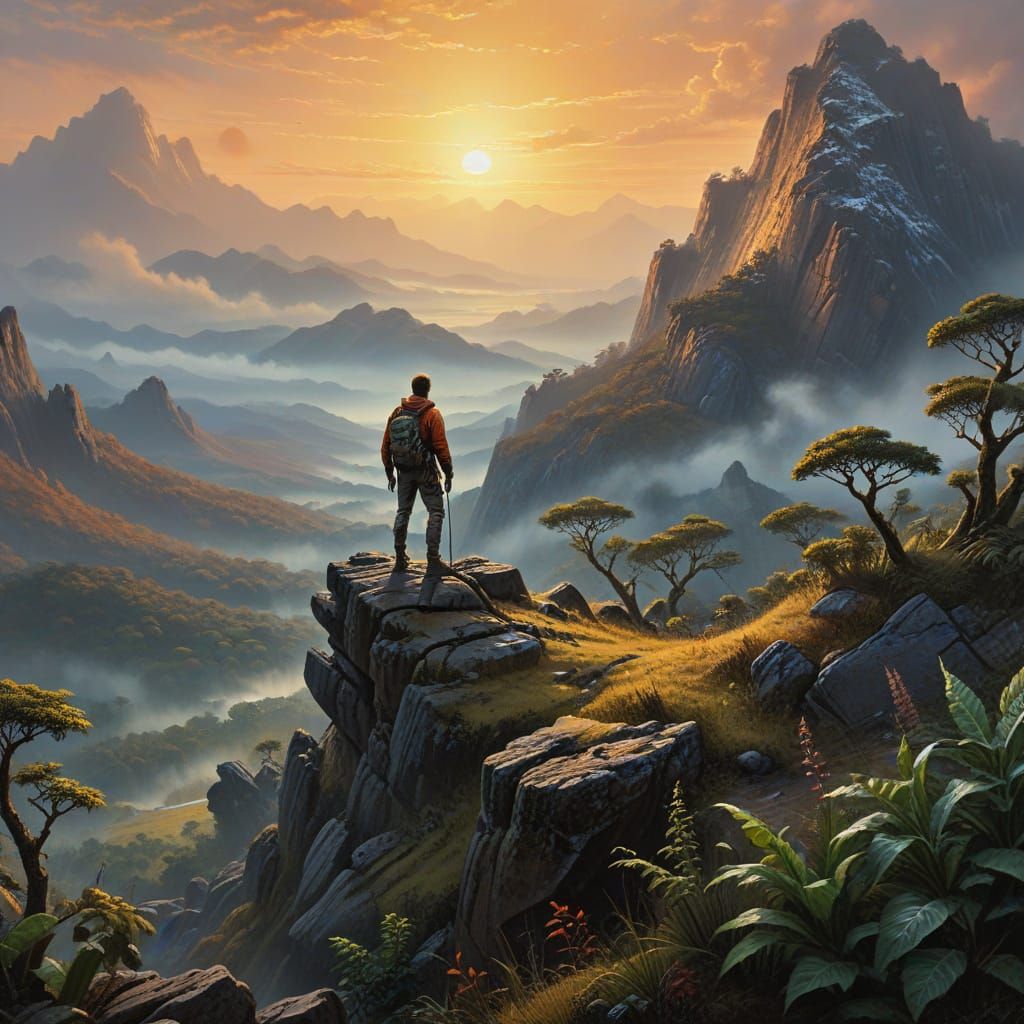 Explorer Gazing at Alien Jungle Landscape
